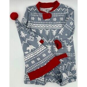 Holiday Zip-Up with Hat Grey Red White Pajamas One Piece (787)